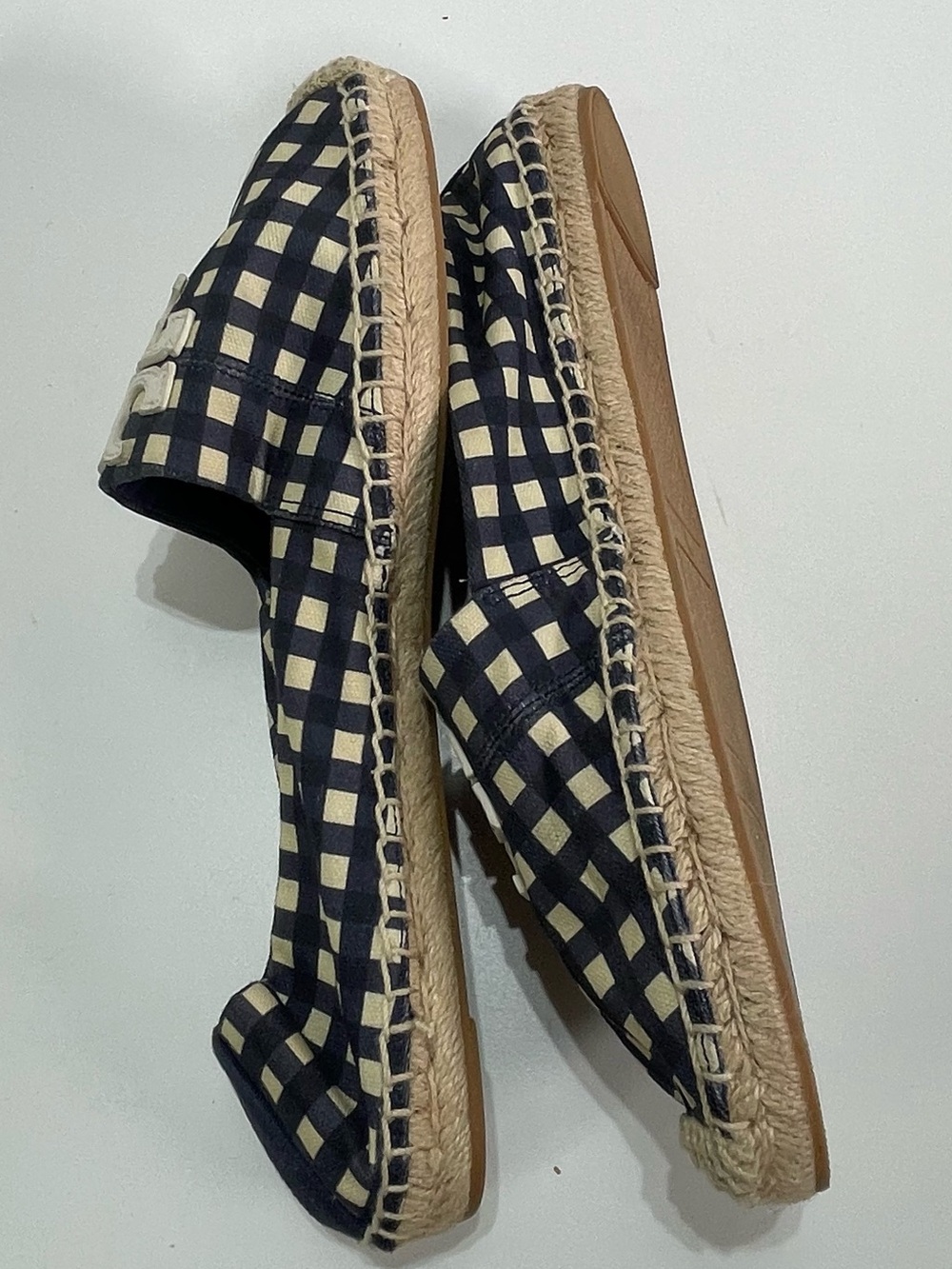 Tory Burch Espadrille Flats Women's 11 Logo Slip On Flats Gingham Check Blue - Picture 7 of 7